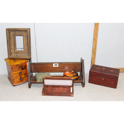 288 - Qty of woodenware to include a book trough, locking moneybox and an antique gilt picture frame