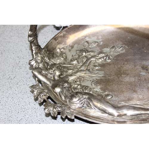 1034 - WMF silver plated Jugendstil serving dish decorated with a young lady sprawled against a rose bush