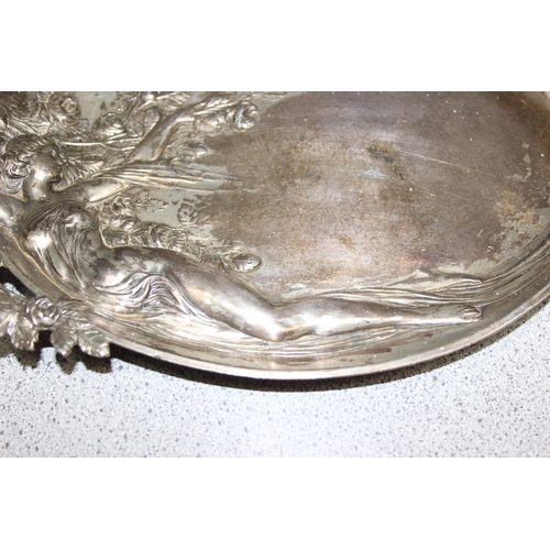 1034 - WMF silver plated Jugendstil serving dish decorated with a young lady sprawled against a rose bush