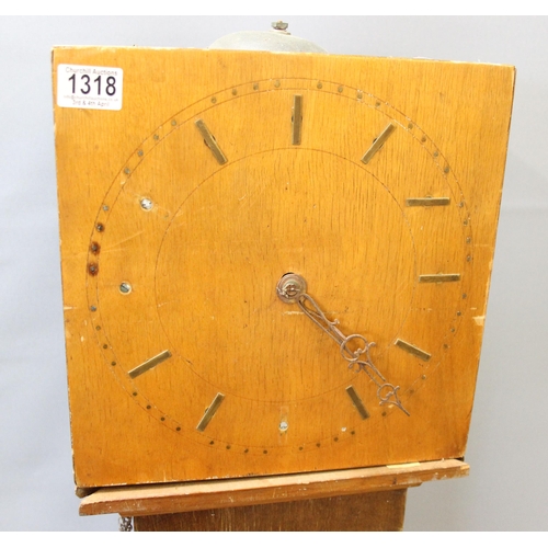 1318 - A mid-century retro style small longcase clock with mechanical movement, weight and pendulum