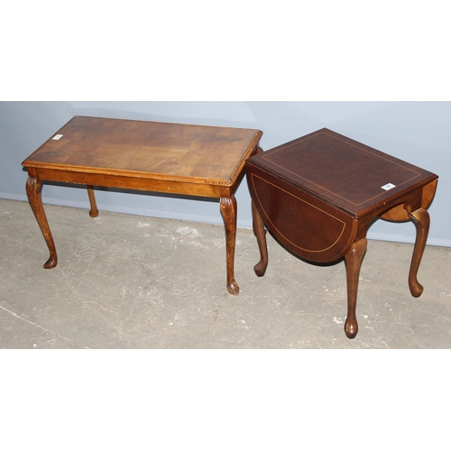 147 - Glassed topped coffee table & a small burr wood effect drop leaf table