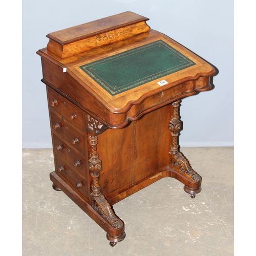 148 - Victorian burr walnut veneered Davenport desk with tooled green leather slope & 4 draws opposite 4 f... 