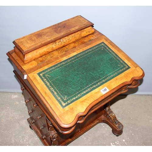 148 - Victorian burr walnut veneered Davenport desk with tooled green leather slope & 4 draws opposite 4 f... 