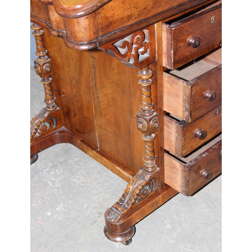 148 - Victorian burr walnut veneered Davenport desk with tooled green leather slope & 4 draws opposite 4 f... 