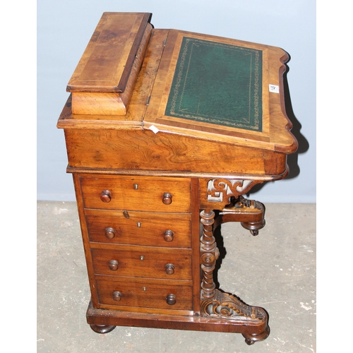 148 - Victorian burr walnut veneered Davenport desk with tooled green leather slope & 4 draws opposite 4 f... 