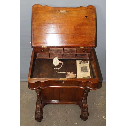 148 - Victorian burr walnut veneered Davenport desk with tooled green leather slope & 4 draws opposite 4 f... 