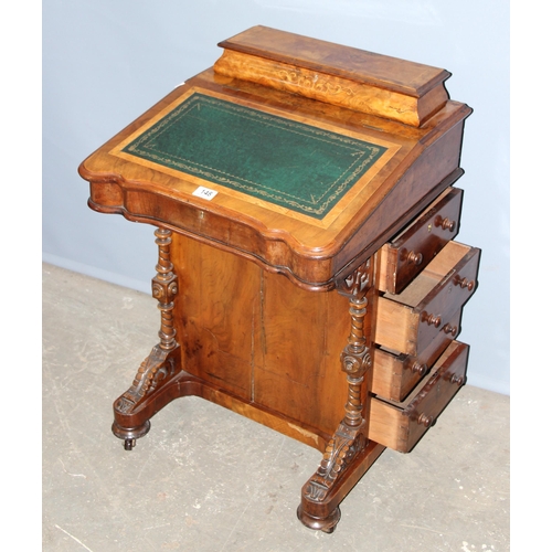 148 - Victorian burr walnut veneered Davenport desk with tooled green leather slope & 4 draws opposite 4 f... 