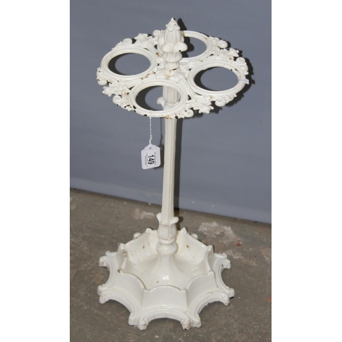 149 - Antique white painted cast iron stick or umbrella stand with integrated drip tray, strongly in the m... 