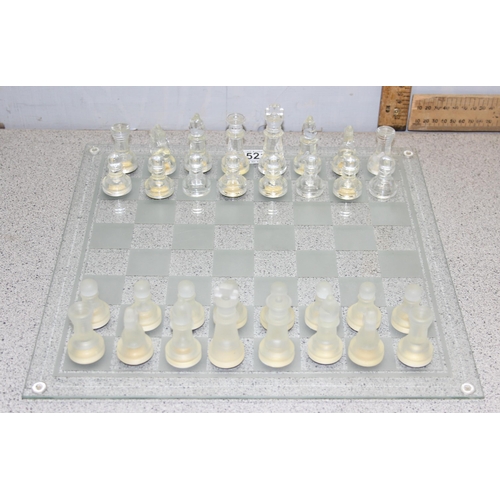 1521 - Frosted bevelled glass chess board with matching clear and frosted glass Chess pieces.