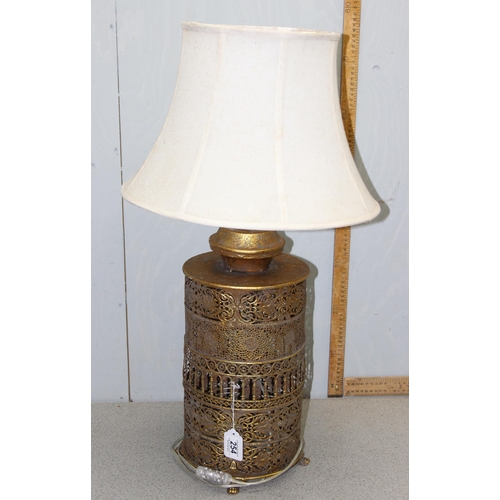 254 - Spanish designer pierced gilt metal table lamp with large globe LED virtual filament glass bulb and ... 