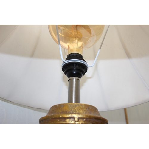 254 - Spanish designer pierced gilt metal table lamp with large globe LED virtual filament glass bulb and ... 