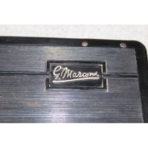 864 - 1947 Marconiphone early three valve portable radio model no P17B in Bakelite folding case and chrome... 