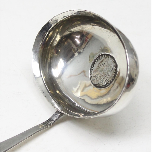 1020 - A 19th century silver toddy ladle with inset George II silver sixpence, unmarked but XRF tested as s... 