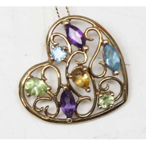 1107 - 9ct gold heart shaped pendant with coloured stones, on a fine 9ct gold chain, approx weight 2.08g gr... 