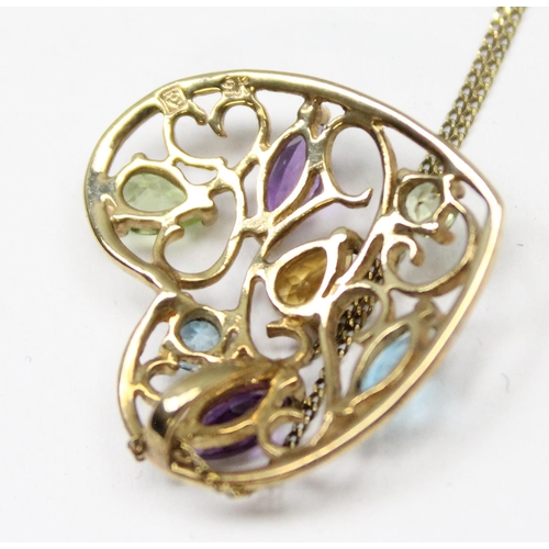 1107 - 9ct gold heart shaped pendant with coloured stones, on a fine 9ct gold chain, approx weight 2.08g gr... 