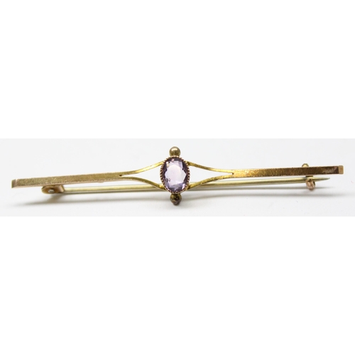 1109 - Edwardian 9ct gold brooch set with light purple stone, approx. 2.42 gross, approx 6cm wide