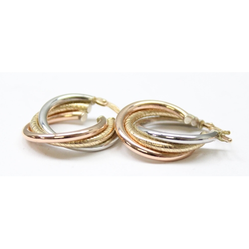 1117 - Pair of 9ct gold tricolour earrings, approx 2.14g gross, 2cm wide