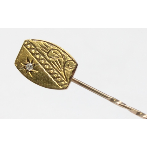 1118 - 9ct gold stick pin set with small white stone, approx 1.07g gross, seemingly unmarked but XRF tested