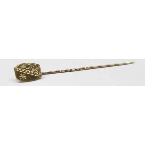 1118 - 9ct gold stick pin set with small white stone, approx 1.07g gross, seemingly unmarked but XRF tested