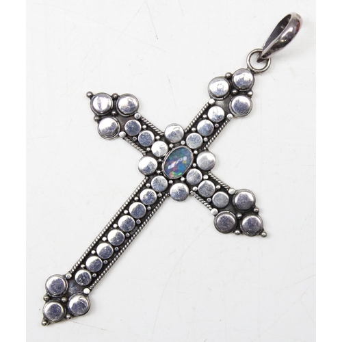 1123 - Large Suarti silver crucifix pendant set with blue opal like stone, approx 8cm long, 12.40g gross