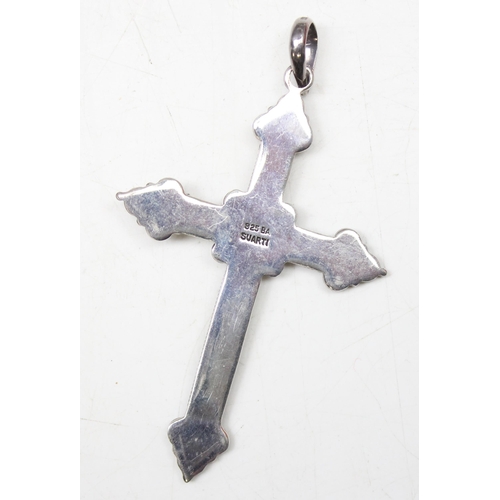 1123 - Large Suarti silver crucifix pendant set with blue opal like stone, approx 8cm long, 12.40g gross