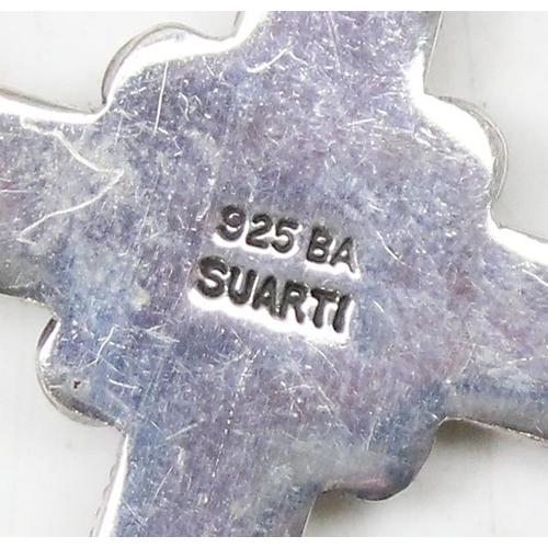 1123 - Large Suarti silver crucifix pendant set with blue opal like stone, approx 8cm long, 12.40g gross