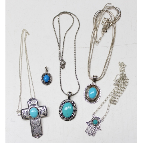 1127 - 5 silver pendants set with turquoise cabochons, 4 with chains, approx 43.88g gross, all marked 925 a... 