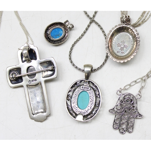 1127 - 5 silver pendants set with turquoise cabochons, 4 with chains, approx 43.88g gross, all marked 925 a... 