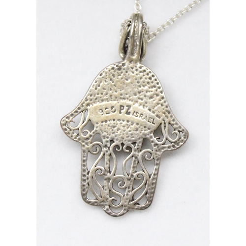 1148 - 4 silver necklaces to include Hamsa design and key pendant, gross weight approx. 21.91g