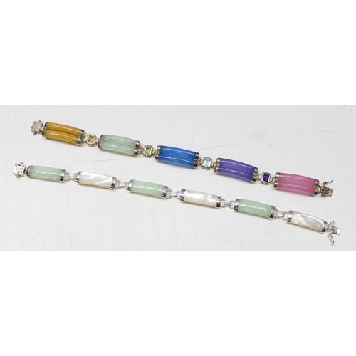 1159 - 3 silver mounted multi-coloured stone bracelets and 2 silver mounted bead necklaces