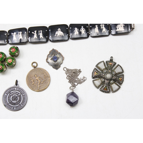 1165 - An unusual silver mounted Indian type bracelet and other silver jewellery to inc a boxed silver cros... 