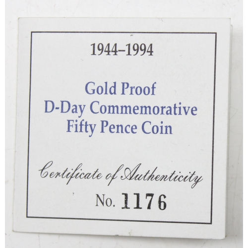 1201 - A rare 1994 22ct gold proof D-Day commemorative 50p coin, limited edition 1176 of 2000, boxed with p... 