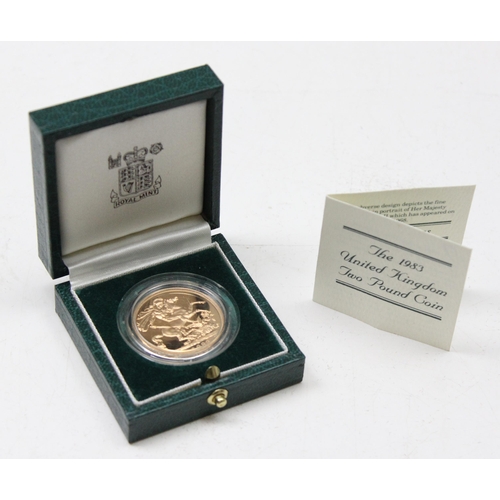 1203 - A rare 1983 22ct gold proof £2 coin or double sovereign, in box with paperwork, 15.98g