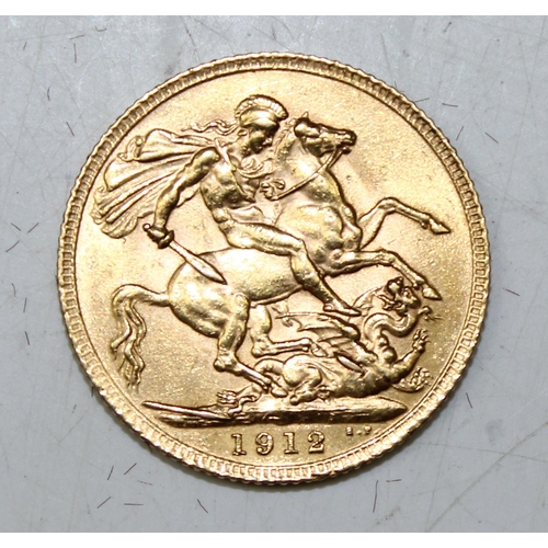 1207 - George V 1912 22ct gold full sovereign coin, London mint, high grade