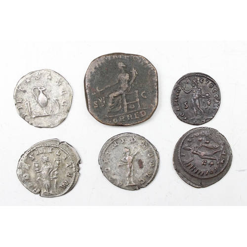 1214 - 6 Roman style coins, all XRF tested with mainly copper content, some with silver traces and other wi... 