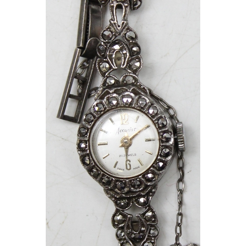 1307 - Silver marcasite Swiss made Accurist 21 Jewels watch with hallmarks, approx 17.35g gross