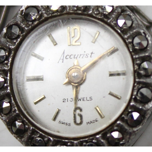 1307 - Silver marcasite Swiss made Accurist 21 Jewels watch with hallmarks, approx 17.35g gross