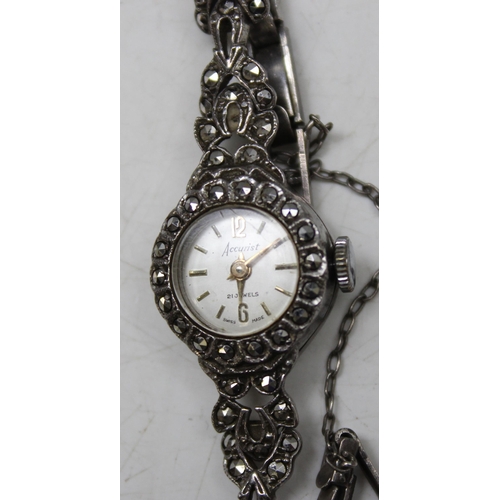 1307 - Silver marcasite Swiss made Accurist 21 Jewels watch with hallmarks, approx 17.35g gross