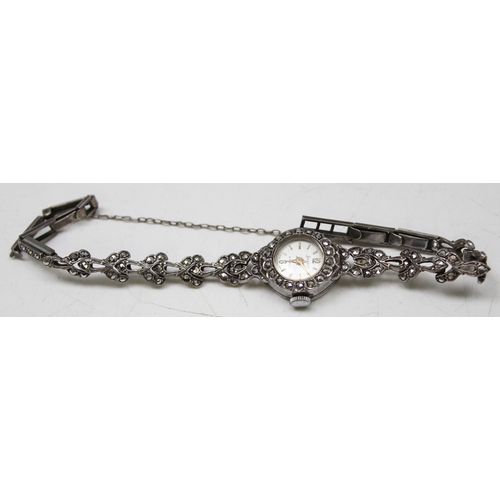 1307 - Silver marcasite Swiss made Accurist 21 Jewels watch with hallmarks, approx 17.35g gross