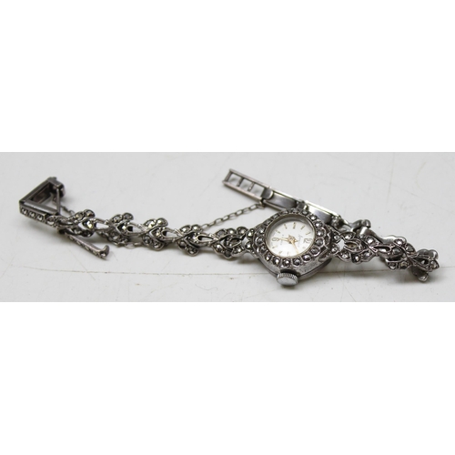 1307 - Silver marcasite Swiss made Accurist 21 Jewels watch with hallmarks, approx 17.35g gross