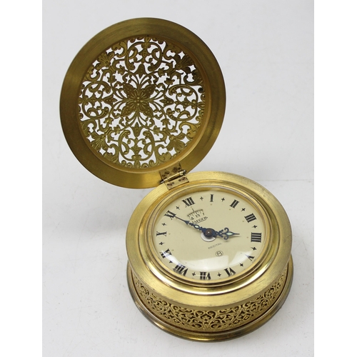 1314 - A vintage Jaeger Recital desk or alarm clock with filigree gilt metal case with slightly domed form,... 