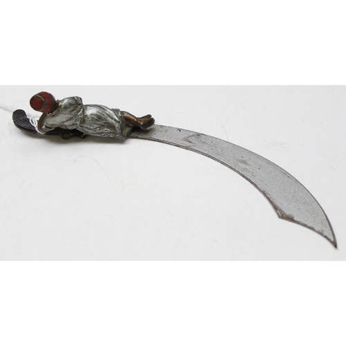 1621 - A Bergman style cold painted spelter letter opener formed as a Scimitar sword with small recumbent m... 