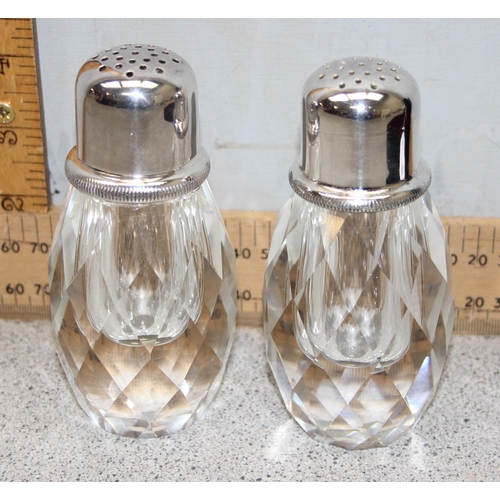 1046 - A pair of heavy silver plate and cut glass salt and pepper shakers in box by Post House of Japan