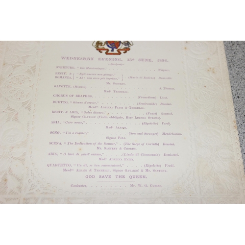 602 - BUCKINGHAM PALACE. WEDNESDAY EVENING 23rd JUNE 1886. A concert programme with decorative lace-paper ... 