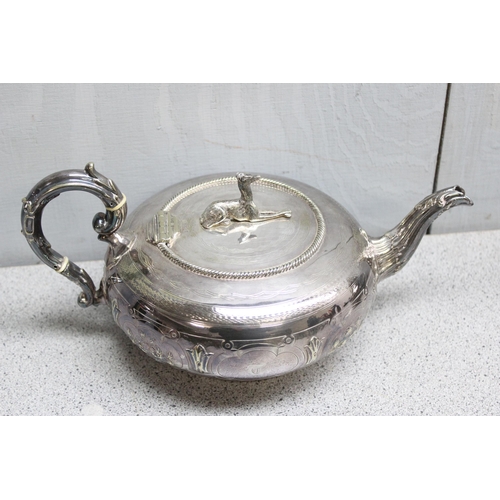 1037 - An impressive 19th century silver plated 4 piece tea set, the teapot and coffee pot with Greyhound t... 