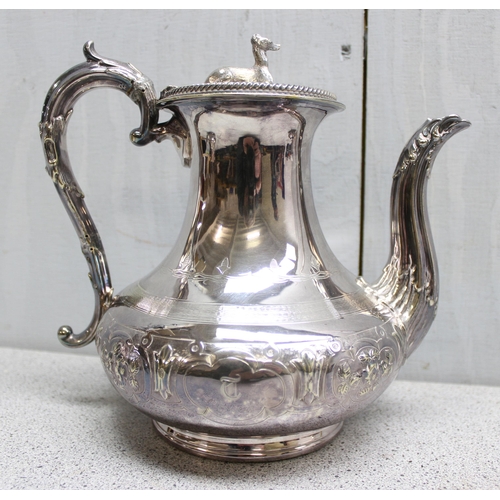 1037 - An impressive 19th century silver plated 4 piece tea set, the teapot and coffee pot with Greyhound t... 