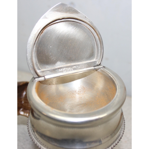 1040 - An antique style polished pewter mounted rams horn table snuff box or snuff mull with eagle finial, ... 