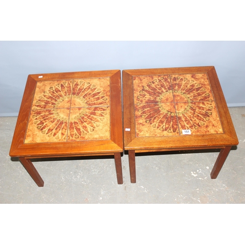 151 - 2 retro Danish tile topped side tables, approx 52cm square