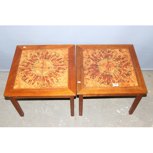 151 - 2 retro Danish tile topped side tables, approx 52cm square