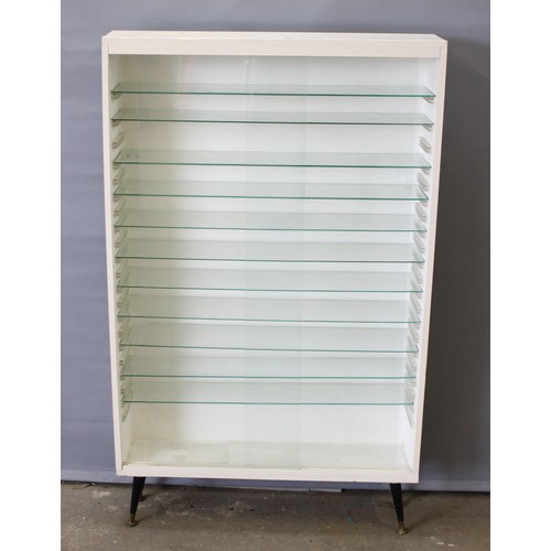 65 - White painted glass shelved display cabinet, approx 76cm wide, originally for display of toy cars